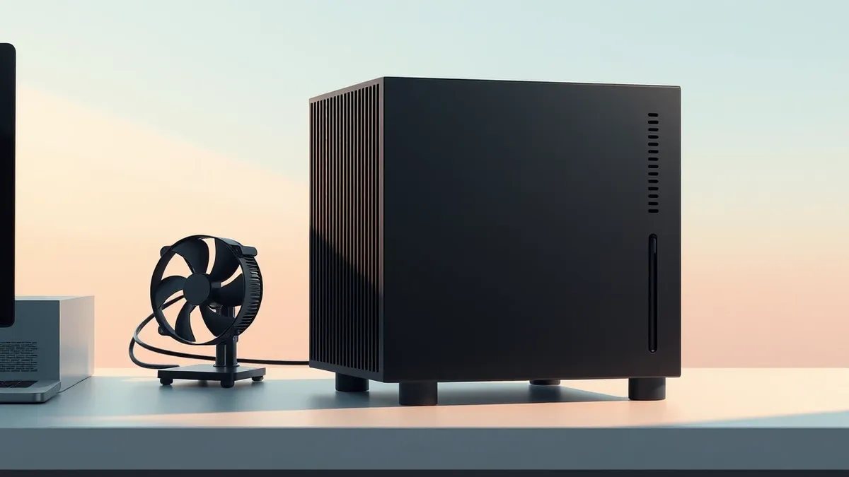 Illustration: A compact black computer sits on a clean desk next to a small cooling fan.