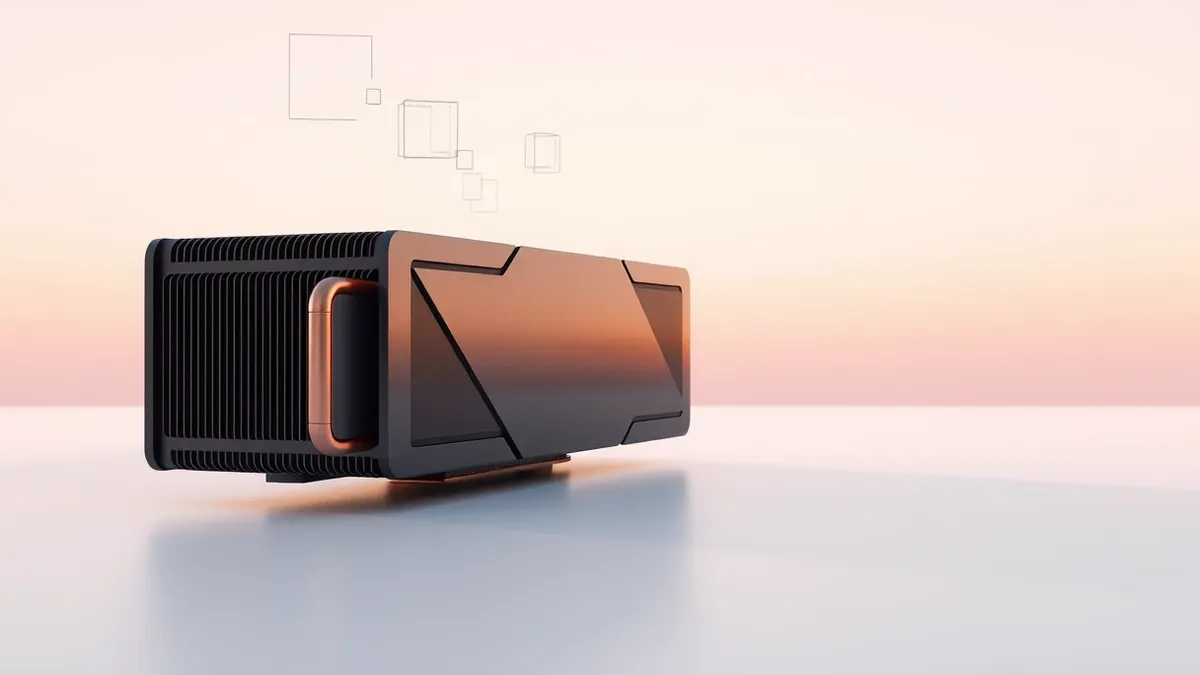 Illustration: A sleek, rectangular graphics processing unit rests on a clean white surface, its dark metal casing reflecting soft light.