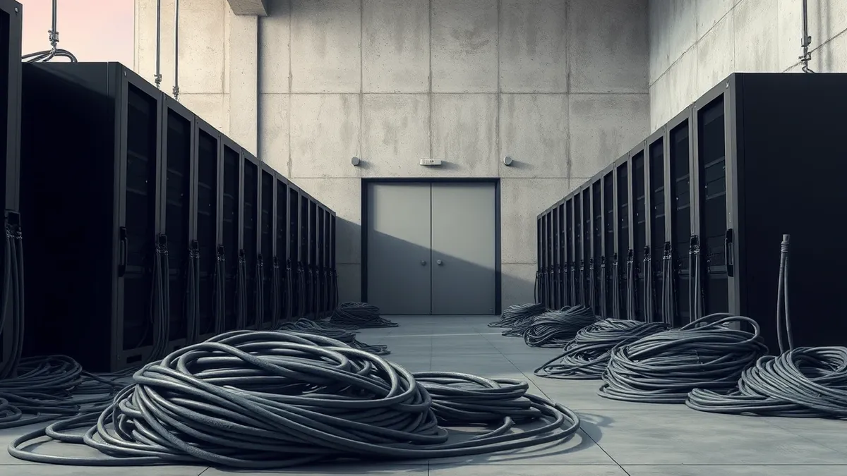 Illustration: A row of towering black server racks stands inside a sterile concrete warehouse.
