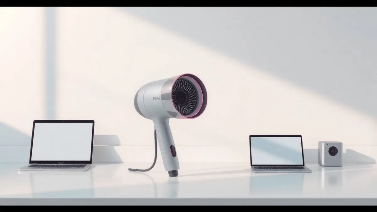 Illustration: A sleek, modern hair dryer with a specialized diffuser attachment sits on a clean white countertop.