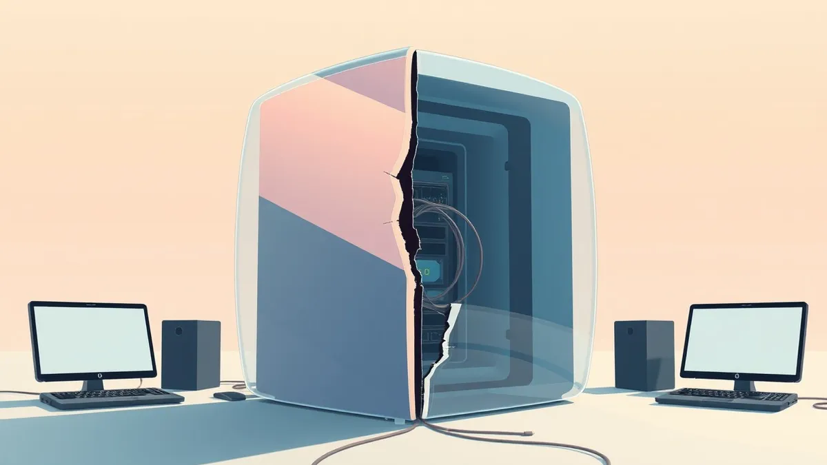 Illustration: A sleek, translucent shield wraps around a generic computer server, but a jagged crack splits the barrier.