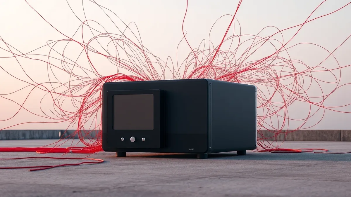 Illustration: A sleek black firewall appliance sits alone on a concrete surface.