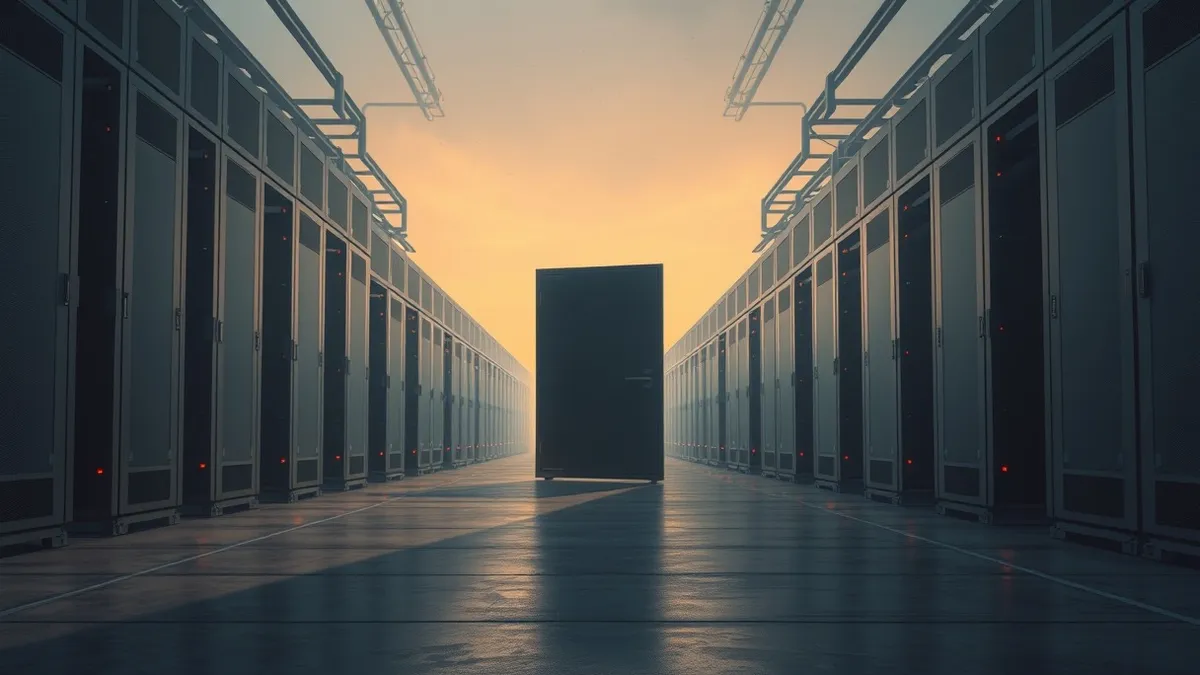 Illustration: A heavy steel door stands ajar on a dimly lit data center aisle.