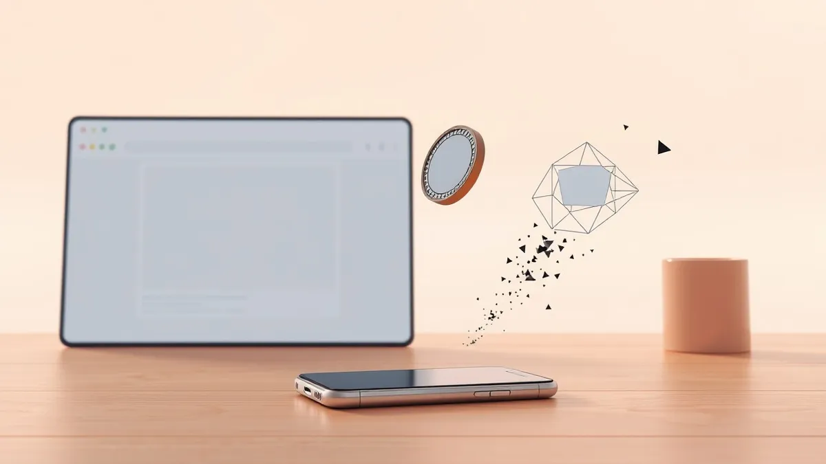Illustration: A smartphone sits on a wooden desk beside an open browser window with blank tabs.
