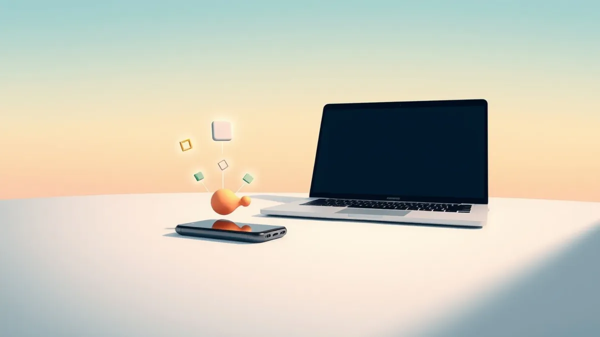 Illustration: A sleek smartphone rests on a minimalist desk beside an open laptop.