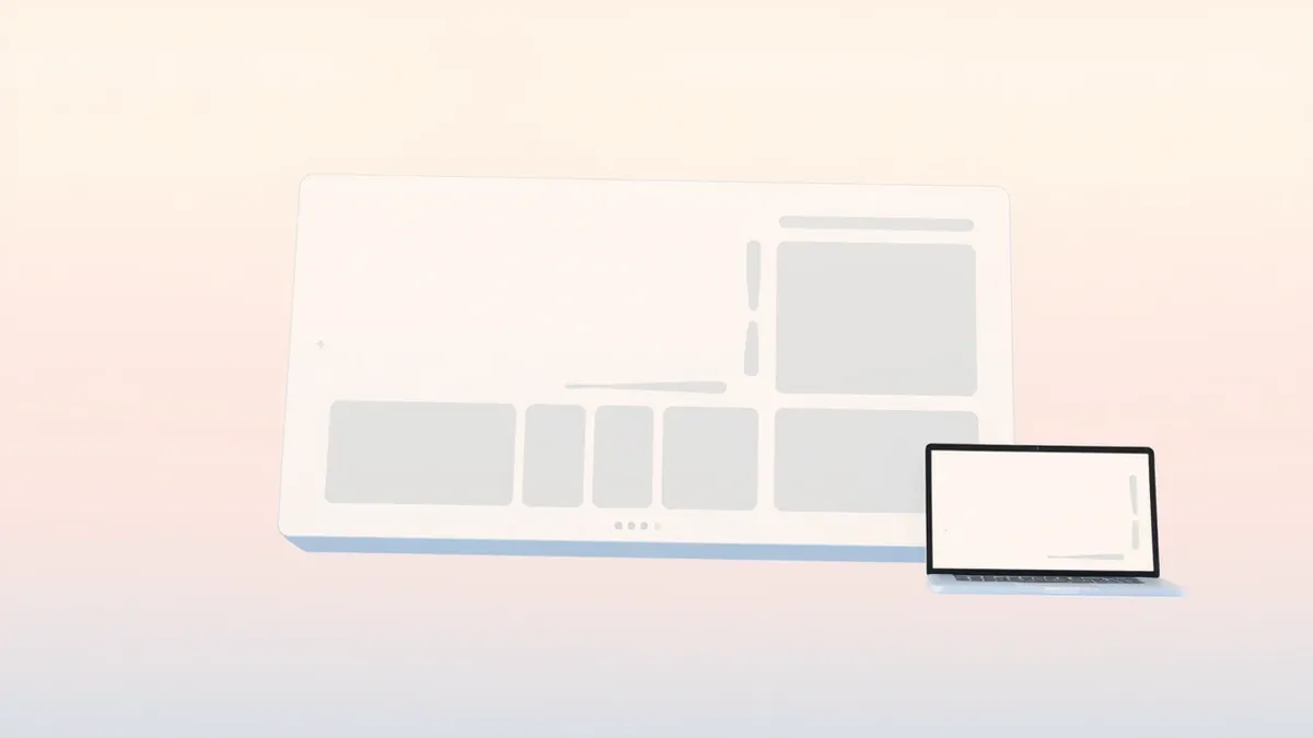 Illustration: A clean, minimalist software interface floats in mid-air, featuring large abstract drag-and-drop zones for modular components.