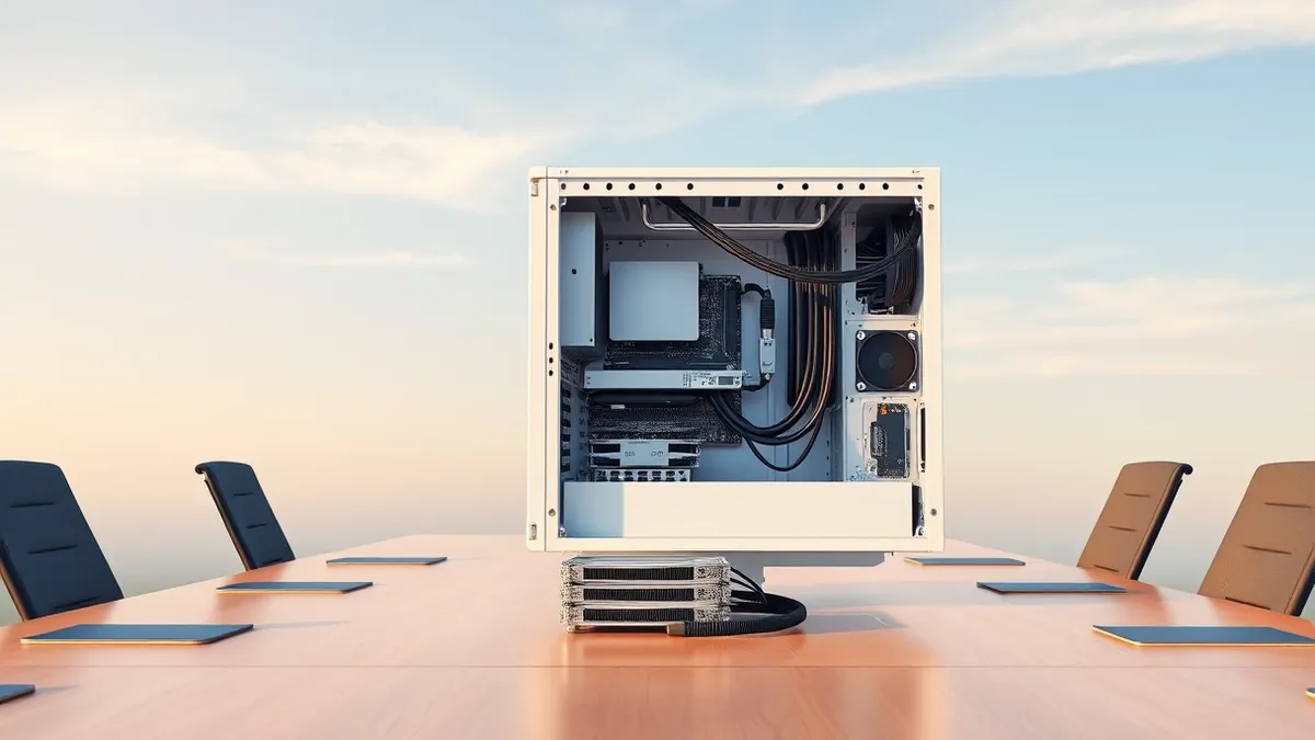 Illustration: A sleek white desktop tower sits open on a polished conference table, revealing its intricate internal circuitry and cooling fans.