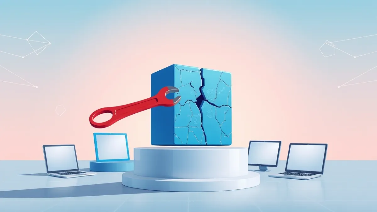 Illustration: A cracked blue block sits on a digital pedestal, with a red wrench tightening a gap in its surface.