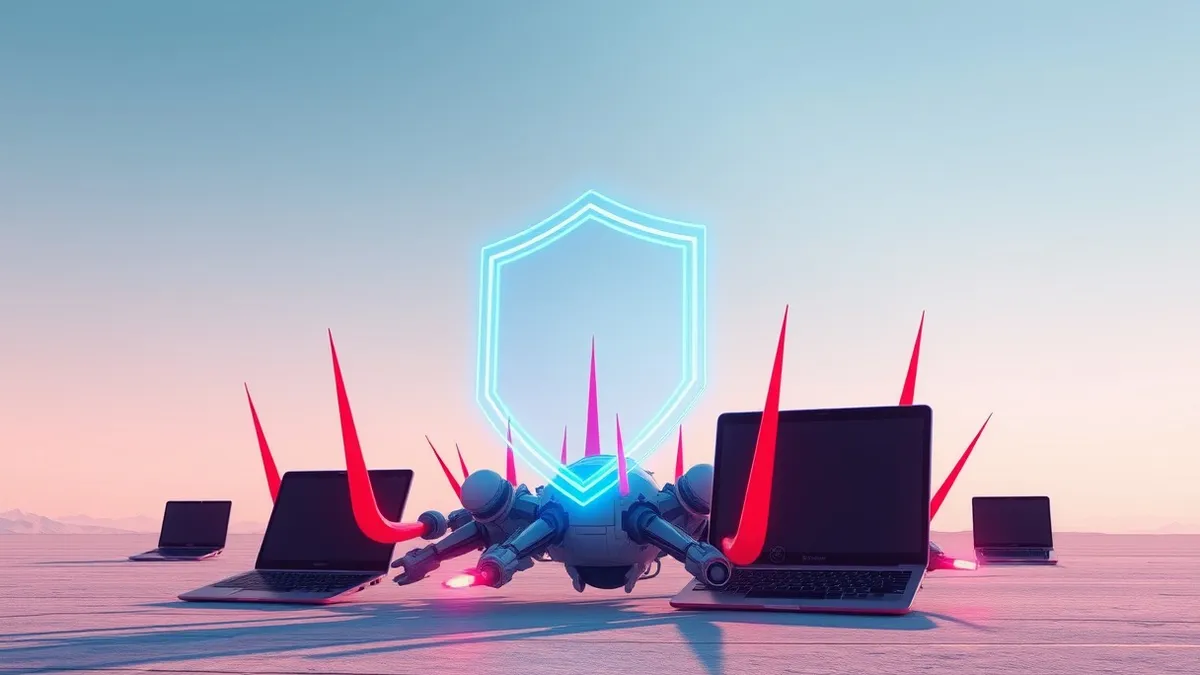 Illustration: A translucent shield hovers over a cluster of floating robotic nodes, deflecting jagged red energy spikes.