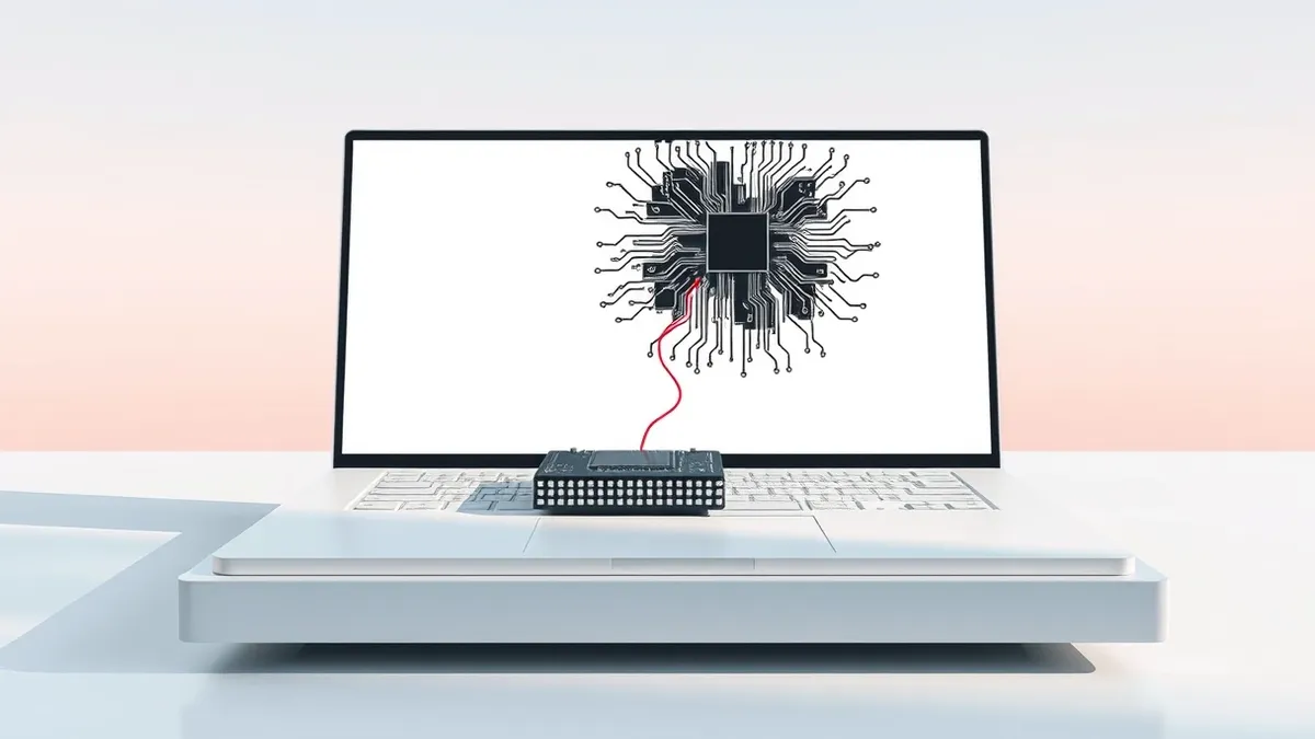 Illustration: A sleek black neural network chip rests on a white desk beside an open laptop showing blank abstract layers.