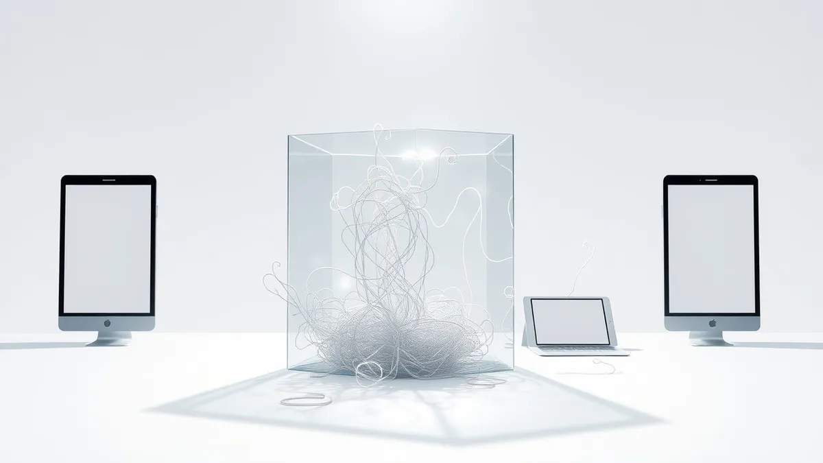 Illustration: A transparent glass cube filled with tangled, glowing threads sits on a clean white table.