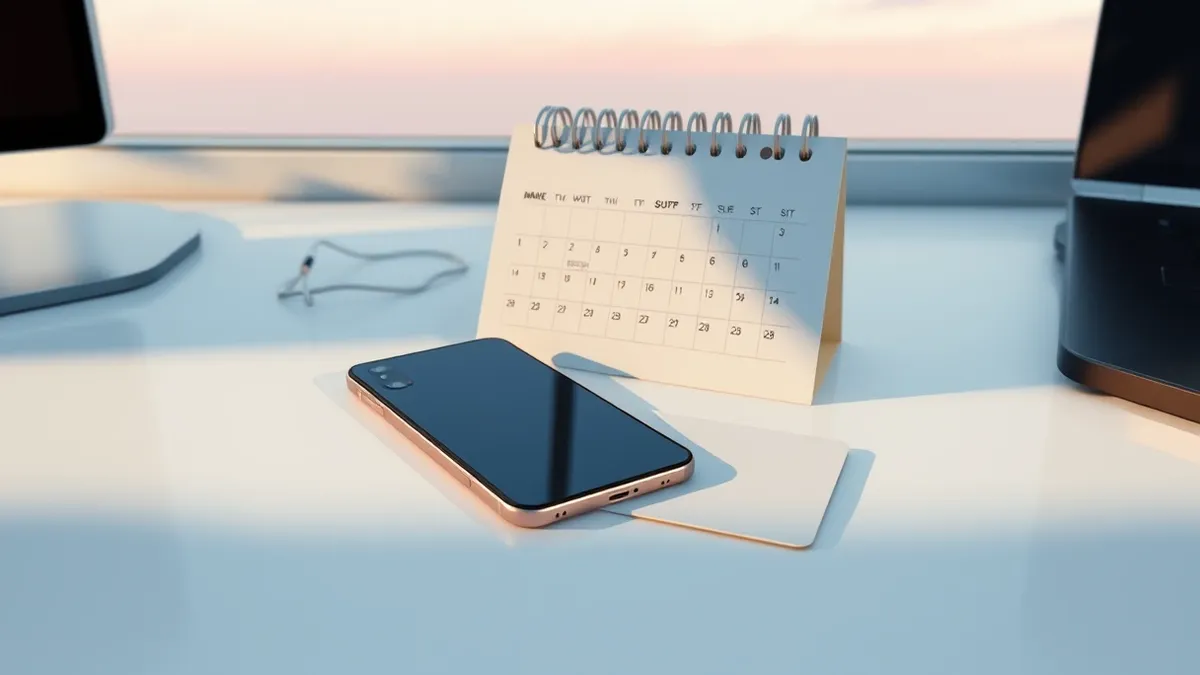 Illustration: A sleek smartphone rests on a polished office desk beside a minimalist monthly calendar.