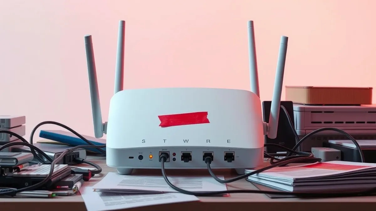 Illustration: A white wireless router sits on a cluttered desk with its ethernet cables unplugged and the power button covered by a piece of red tape.
