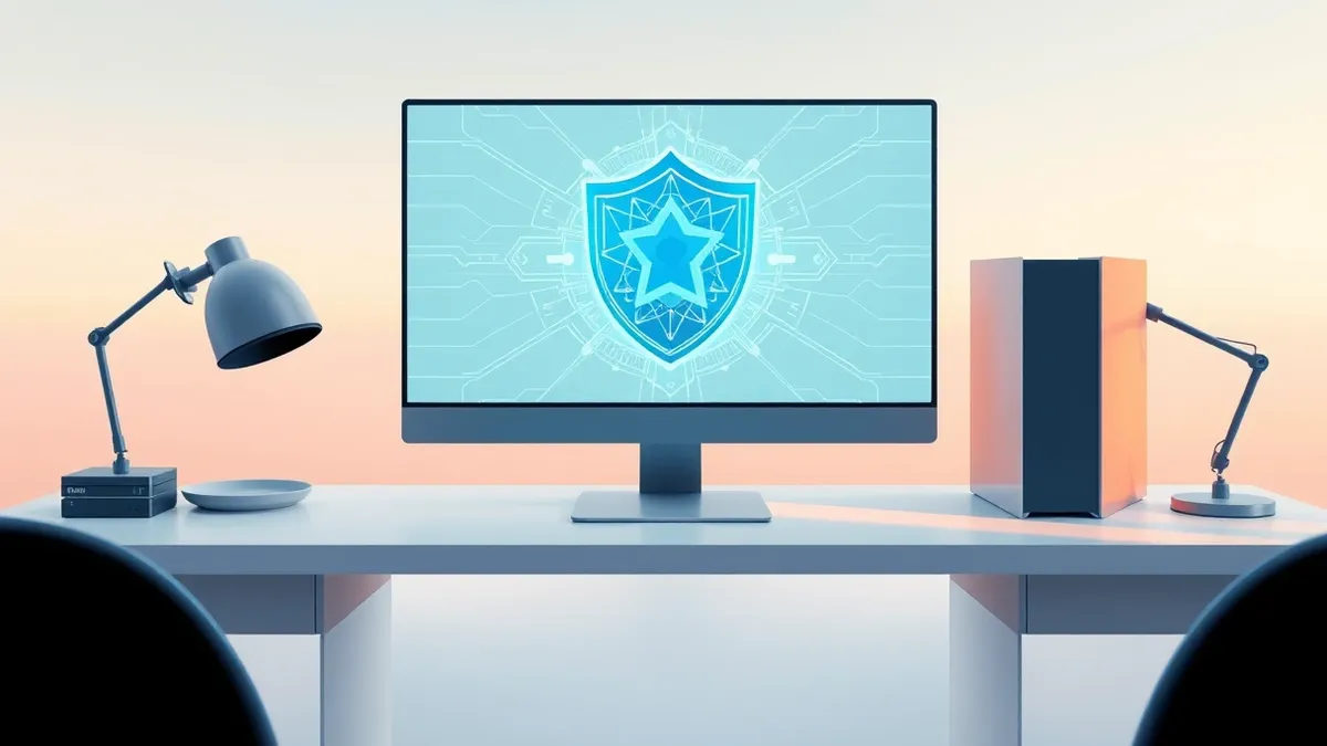 Illustration: A sleek desktop computer sits on a clean white desk, its screen displaying a large, intricate digital shield that pulses with soft blue light.
