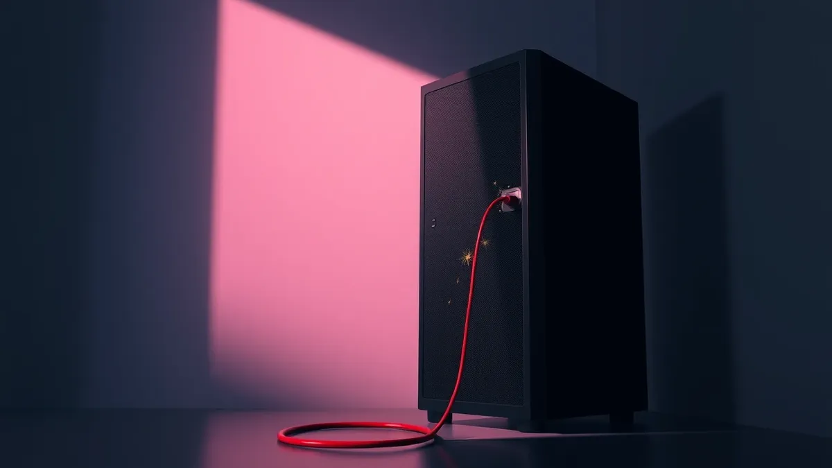 Illustration: A sleek black server tower sits in a dim room.
