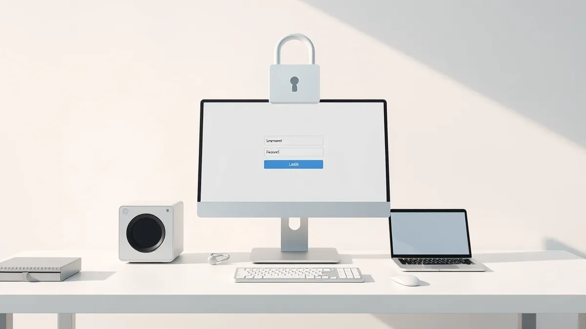 Illustration: A sleek desktop computer sits on a clean white desk, its monitor displaying a blank login page with empty username and password fields.