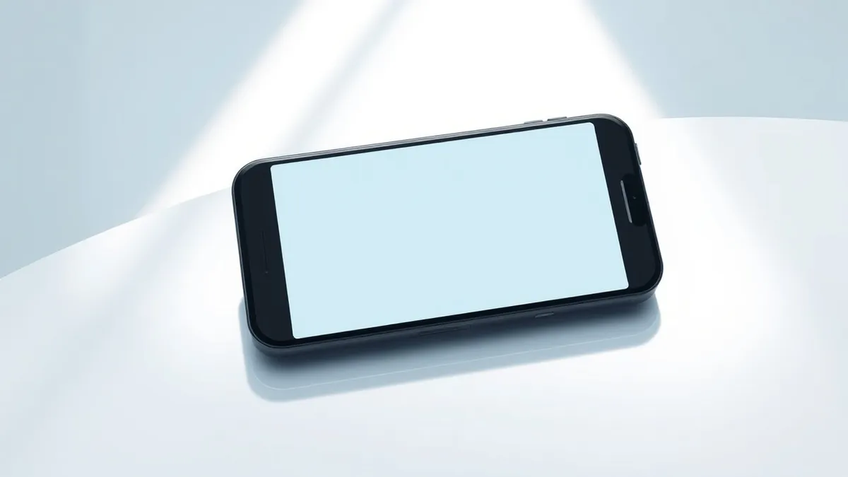 Illustration: A sleek black smartphone rests on a polished white surface, its screen illuminated with a minimalist blue geometric interface.
