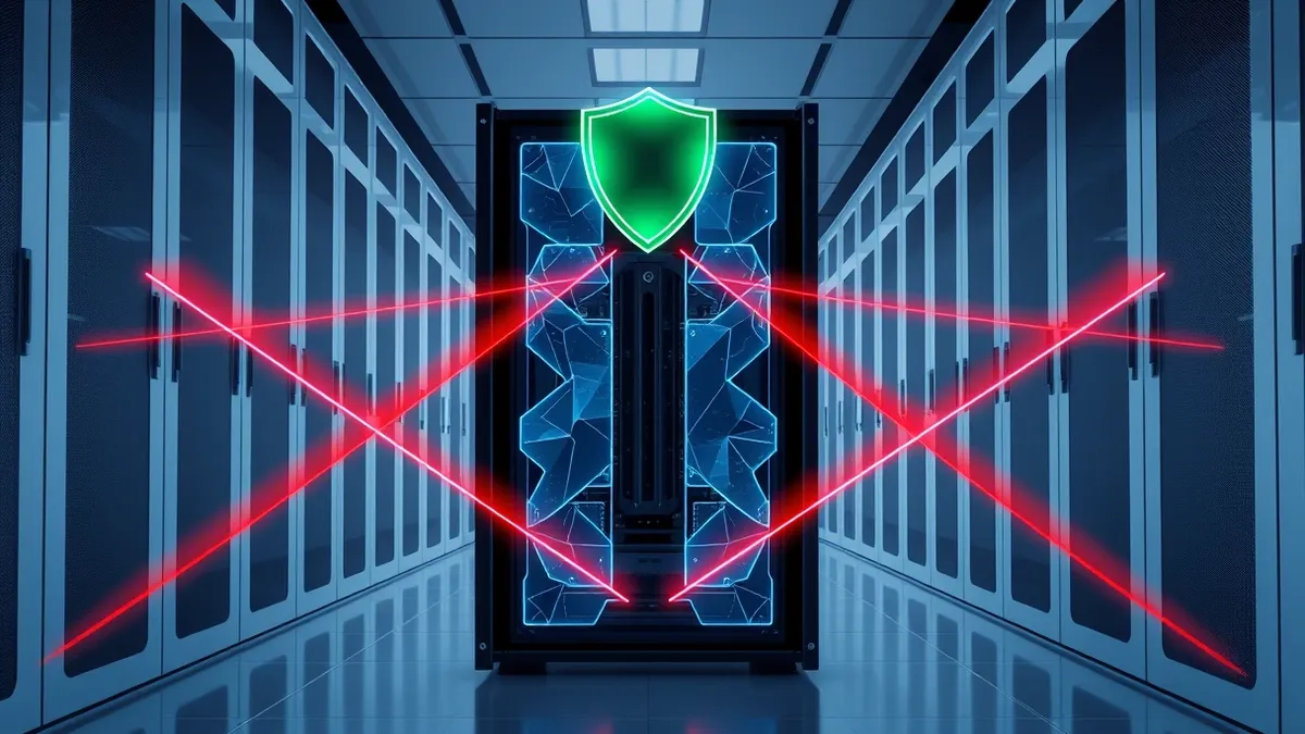 Illustration: A sleek black server chassis sits in a cool data center aisle.