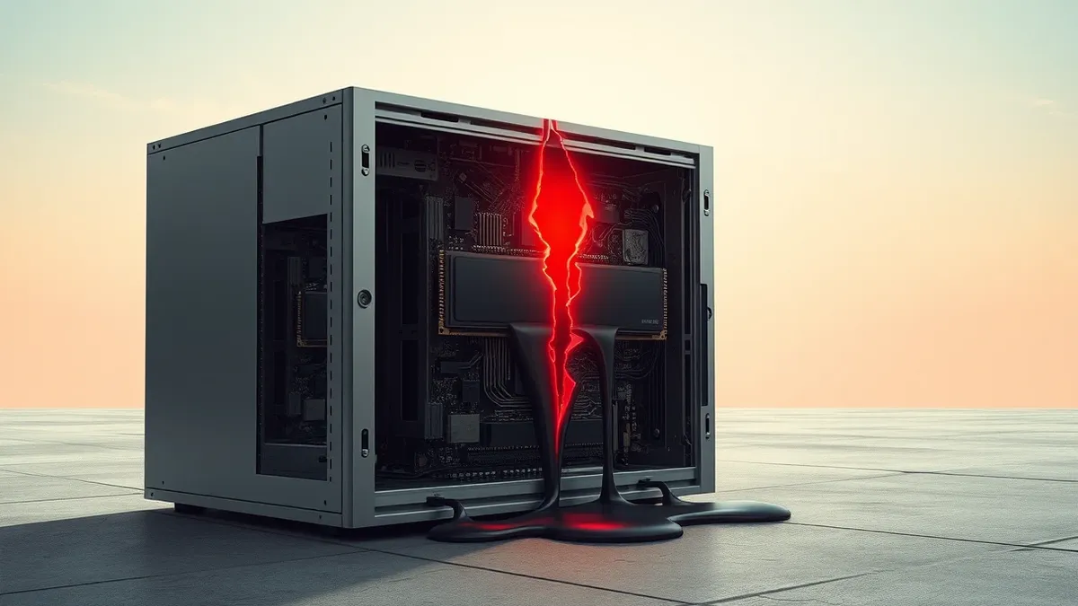 Illustration: A metallic database server box sits on a concrete floor, its side panel removed to reveal intricate internal circuitry.