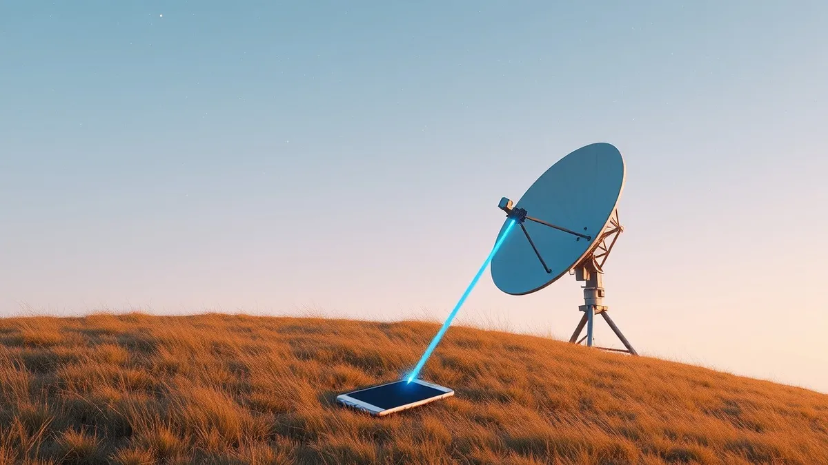 Illustration: A satellite dish rests on a grassy hillside, pointing toward a sky filled with faint stars.