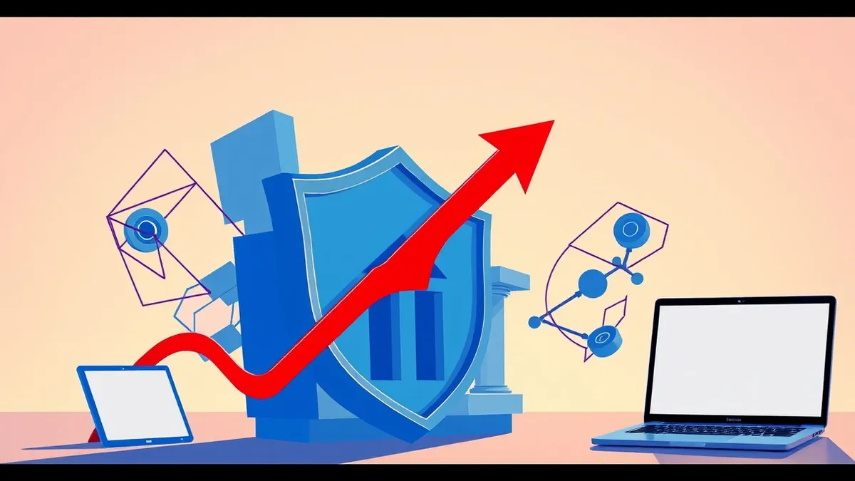Illustration: A stylized red arrow pierces through a stylized blue shield representing a bank.