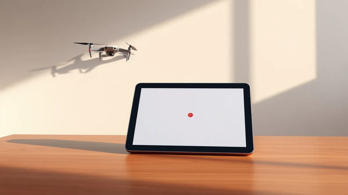 Illustration: A sleek black tablet rests on a polished wooden table, its screen displaying a minimalist interface with a single pulsing red icon.