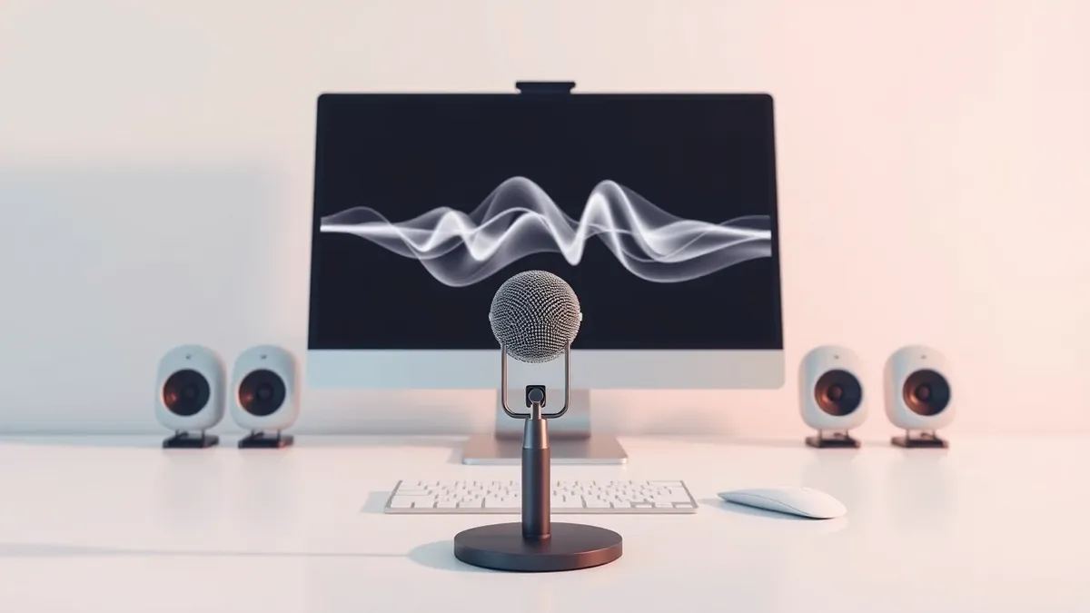 Illustration: A sleek black microphone sits on a white desk, its tip pointing directly at a modern computer monitor.