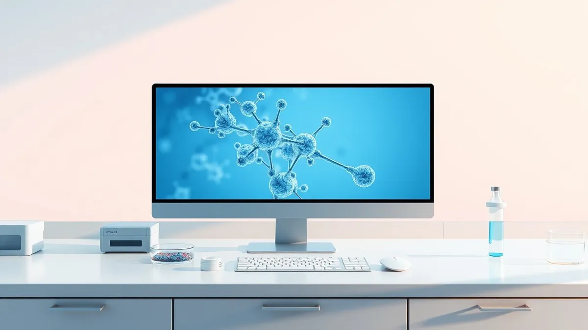 Illustration: A sleek desktop computer sits on a clean laboratory bench, its monitor displaying intricate, abstract molecular structures in soft blue hues.