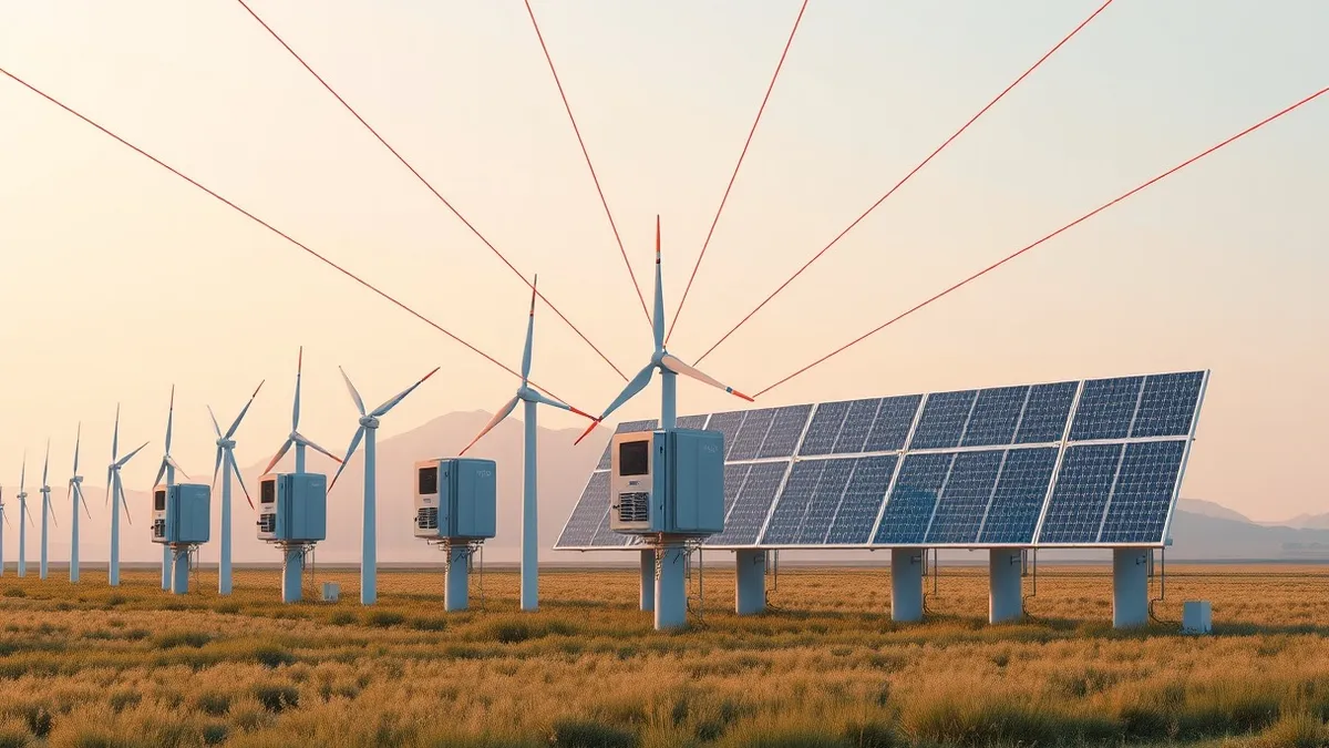 Illustration: A row of generic wind turbines and solar panels sits in a field.