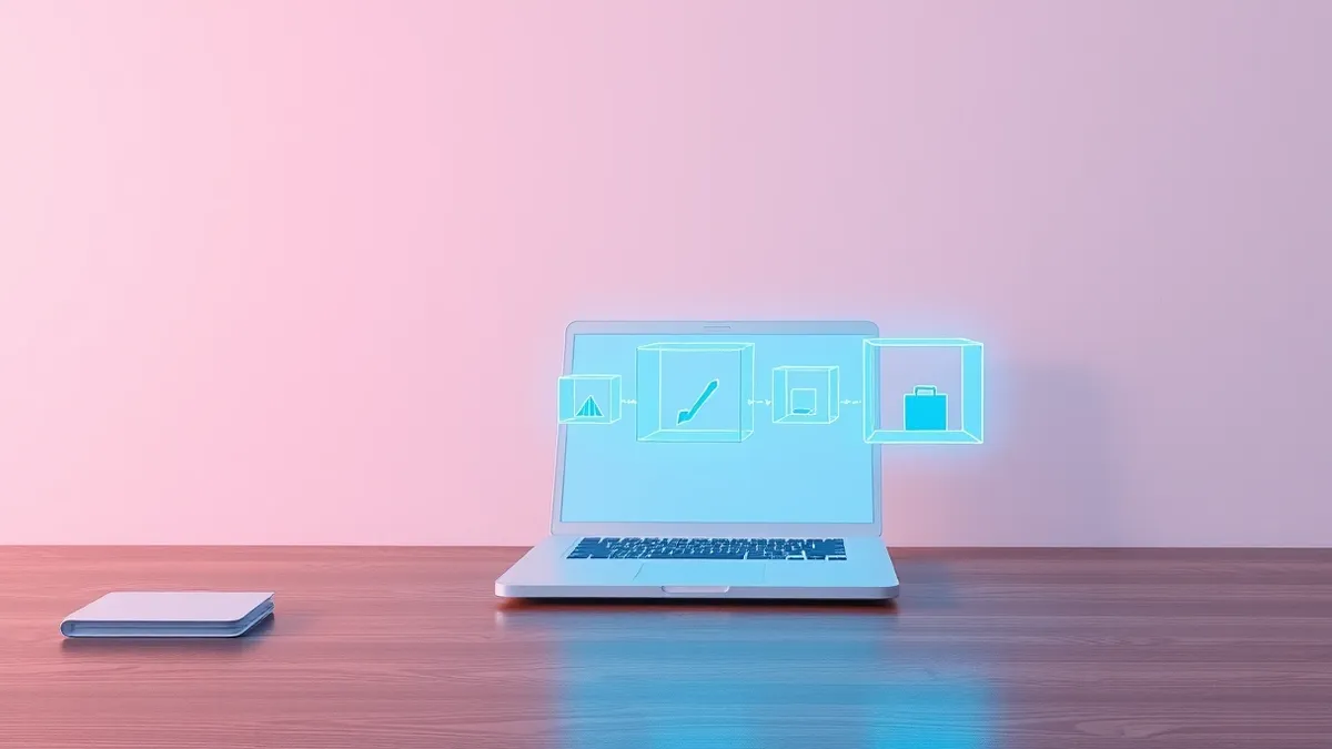 Illustration: A sleek white computer sits on a wooden desk with its lid open.