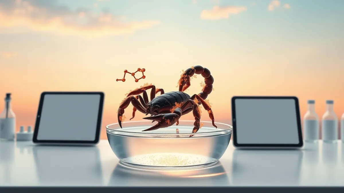 Illustration: A glass petri dish rests on a sterile white laboratory bench, containing a clear liquid where complex, glowing molecular structures spiral around a jagged, dark scorp