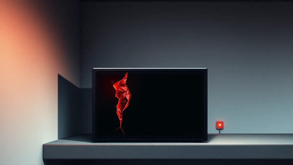 Illustration: A small black network appliance sits on a dusty office shelf, its blank front panel reflecting cold light.