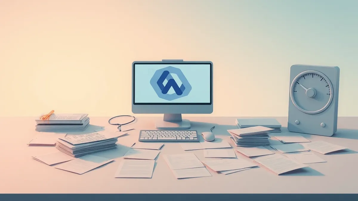 Illustration: An automated digital assistant sits on a clean desk, surrounded by scattered paper documents.