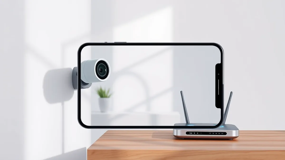 Illustration: A blank smartphone screen reflects a modern home security camera mounted on a white wall.