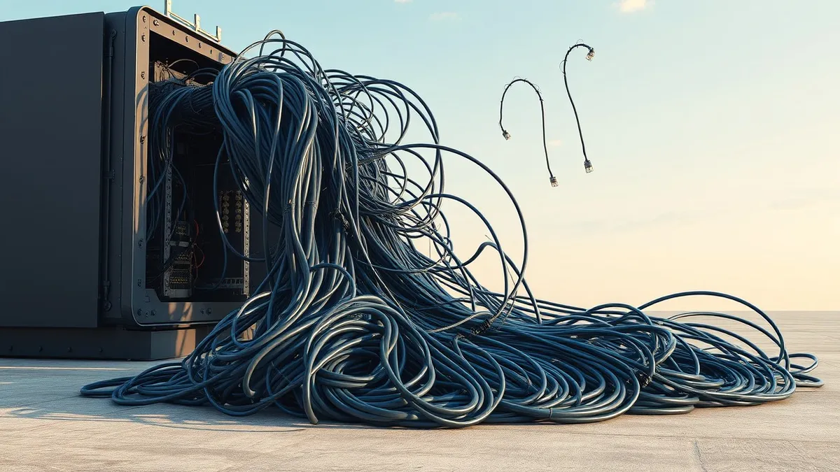 Illustration: A massive pile of tangled ethernet cables spills from an open server chassis onto a concrete floor.