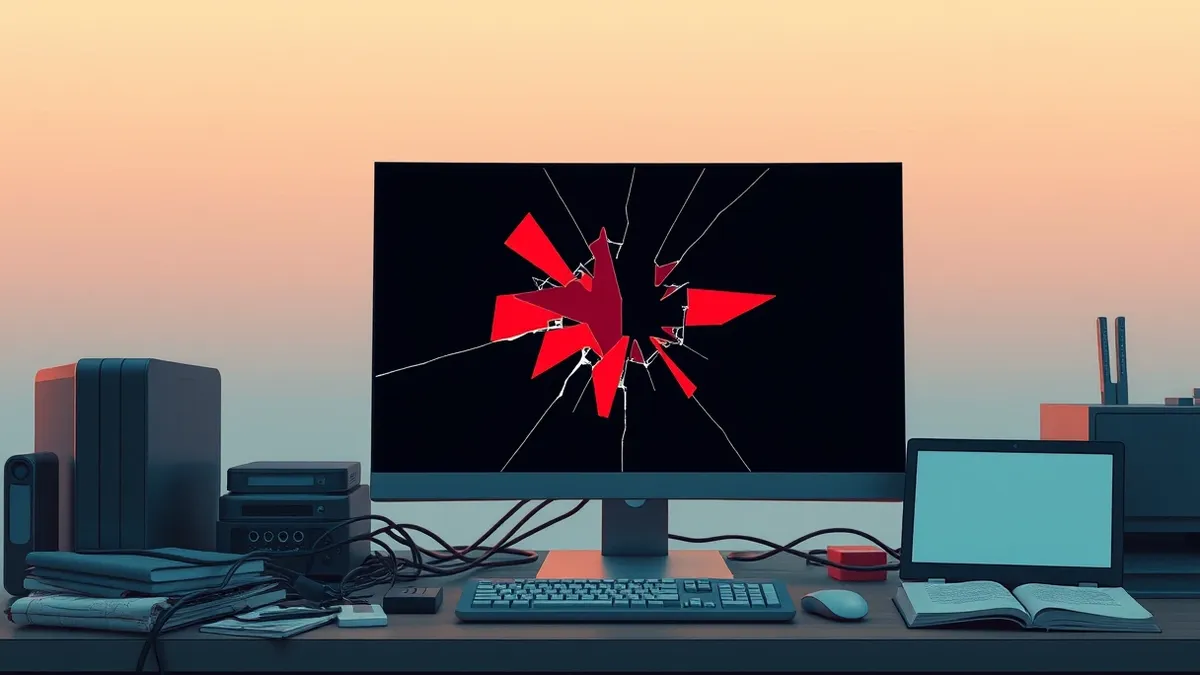 Illustration: A cracked computer monitor sits on a cluttered desk, its screen displaying fragmented, jagged geometric shapes in alarming red hues against a dark background.