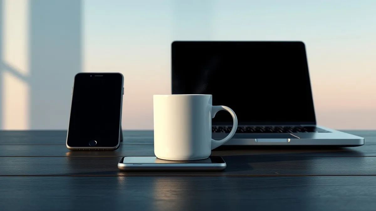 Illustration: A white ceramic coffee mug sits on a dark wooden desk next to a blank smartphone and a closed laptop.