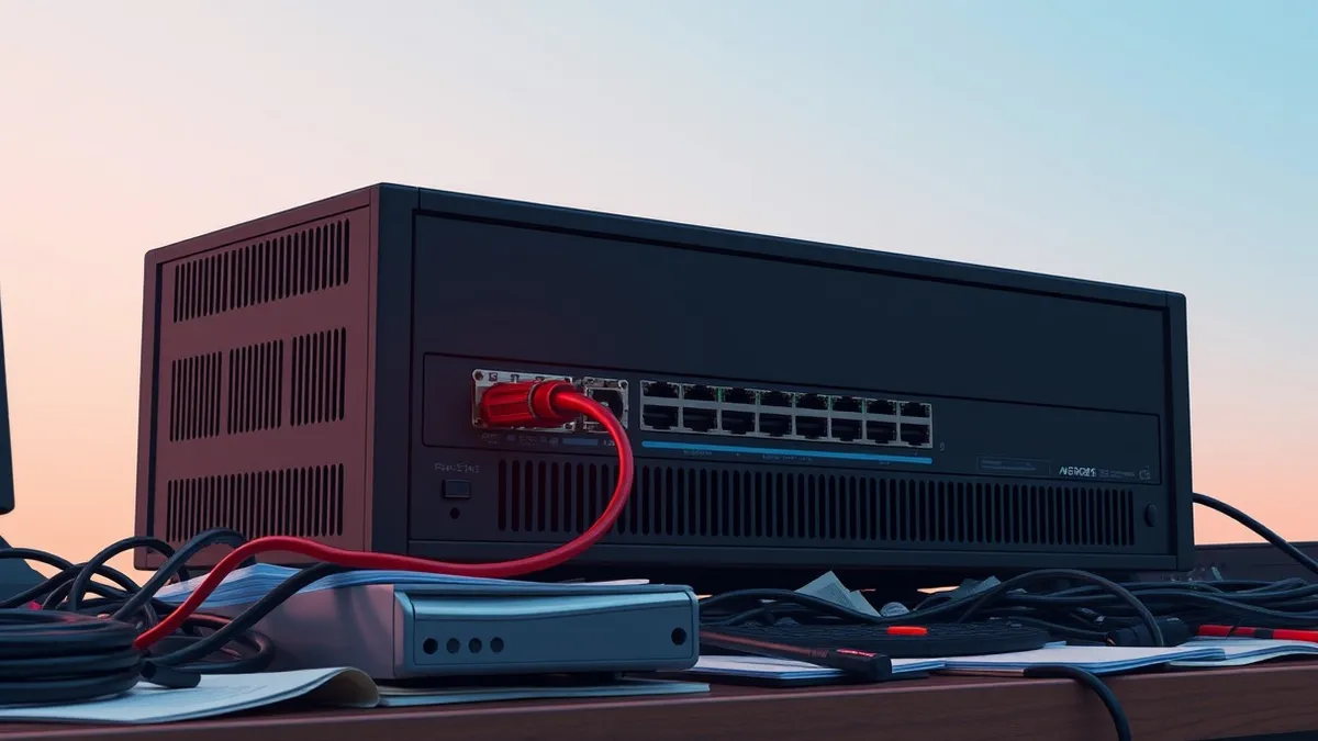 Illustration: A sleek black network security appliance sits on a cluttered desk.