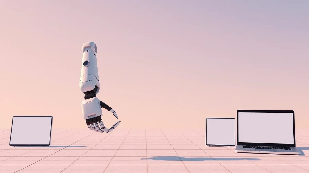 Illustration: A robotic arm hovers hesitantly above a blank digital grid, its claw open but empty.