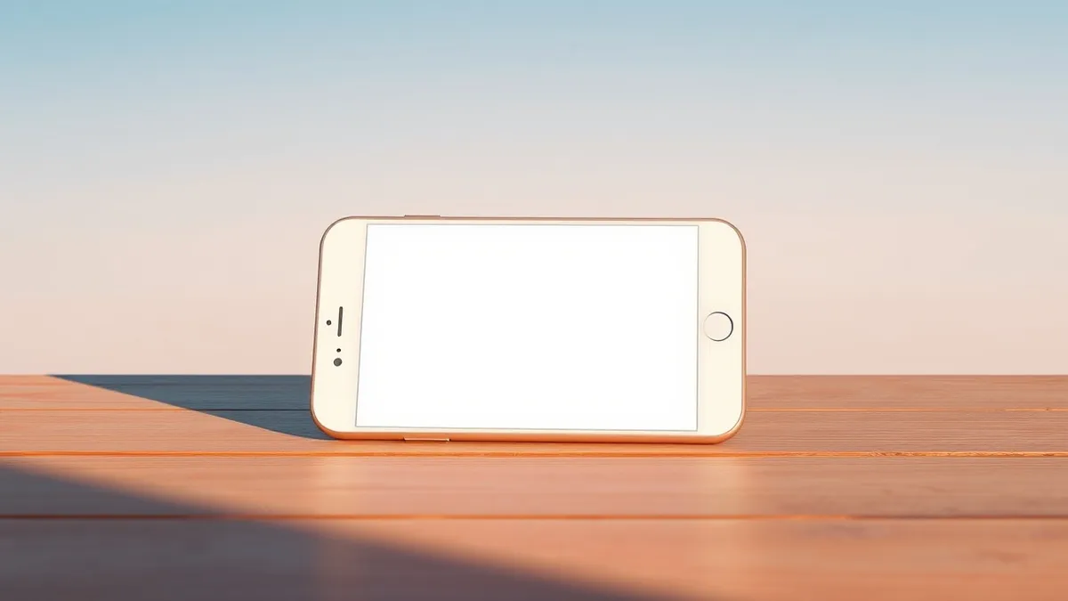 Illustration: A white smartphone rests on a wooden table, its screen displaying a blank incoming call interface with a single prominent red decline button highlighted by soft ambie