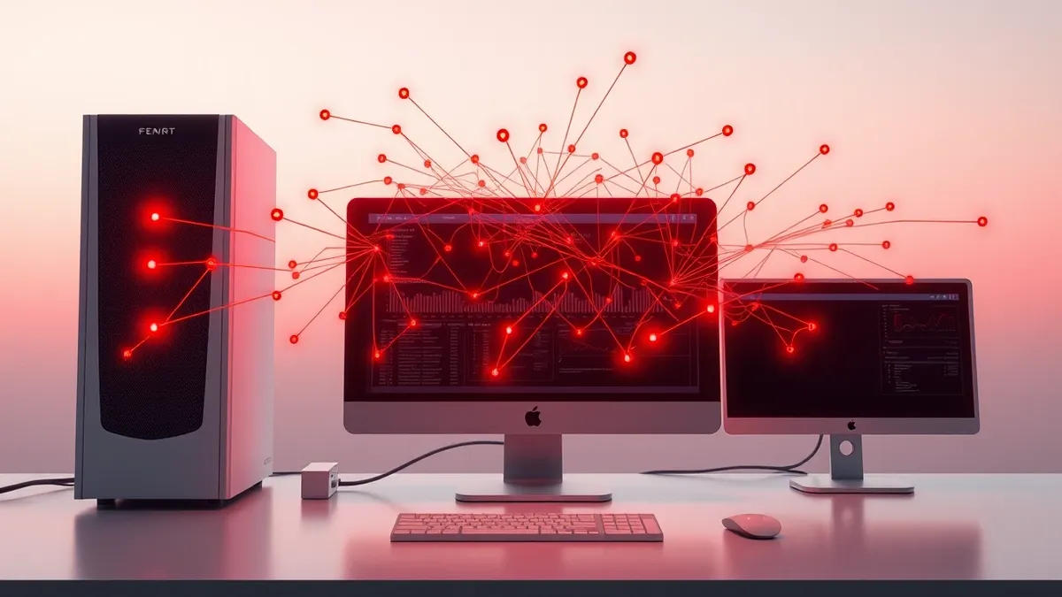 Illustration: A sleek white server terminal sits on a desk, its screen displaying a complex web of glowing orange connection lines that rapidly expand outward.