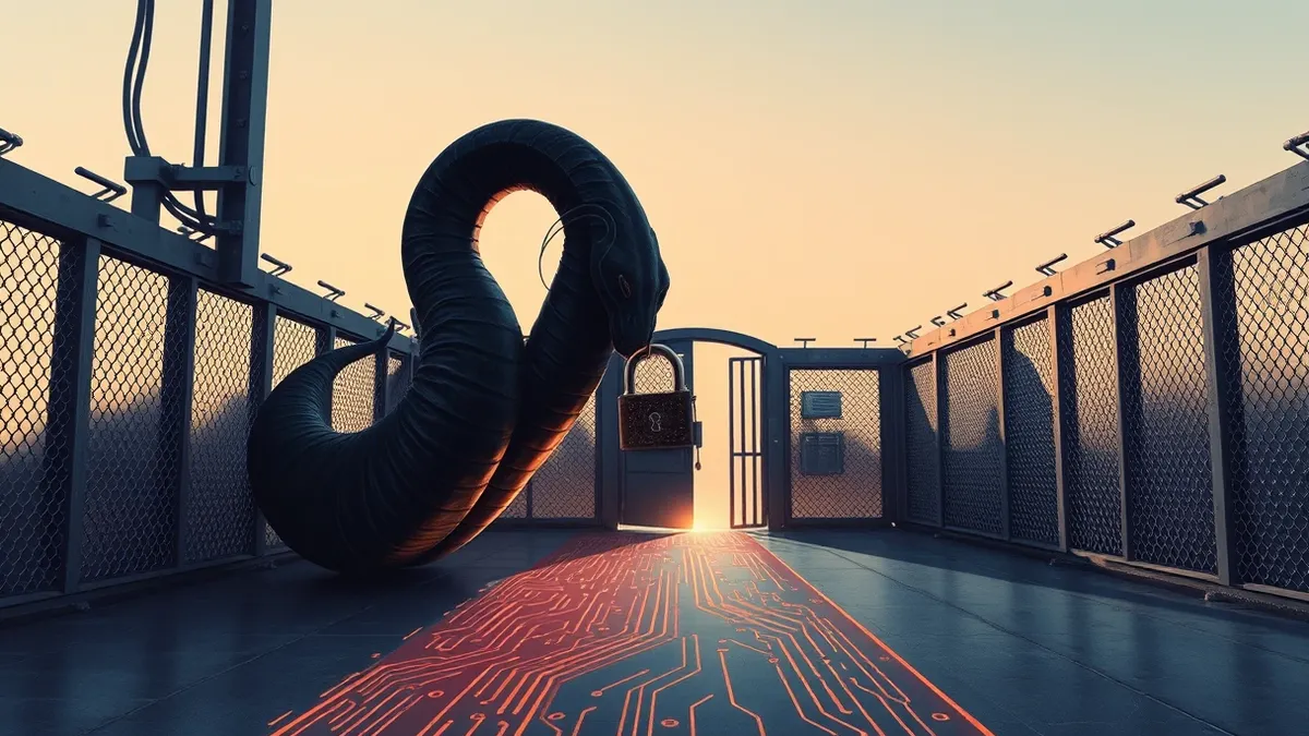 Illustration: A dark, abstract worm slithers out of a broken digital lock, weaving through the structural beams of a steel fortress.