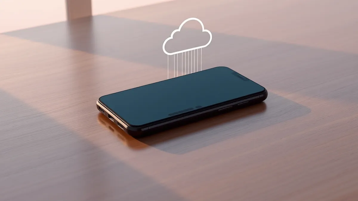 Illustration: A black smartphone rests on a sleek wooden desk, its screen completely dark and reflective.