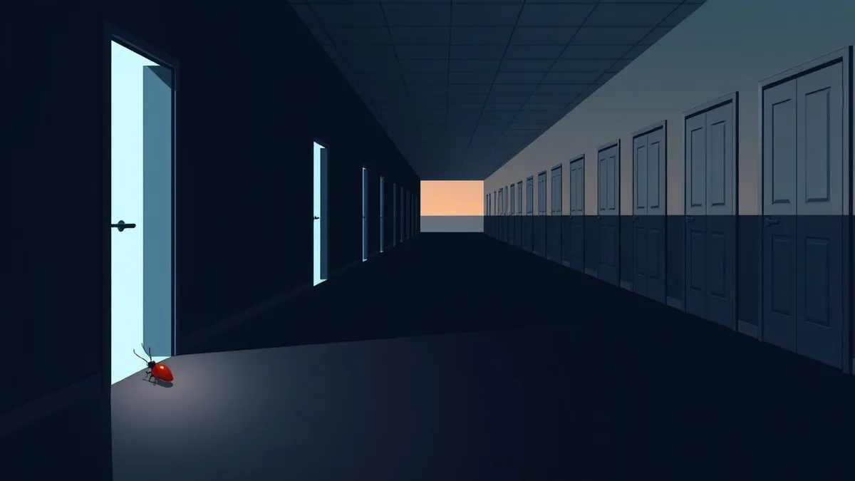 Illustration: A darkened office corridor with rows of identical closed doors stretches into shadow.