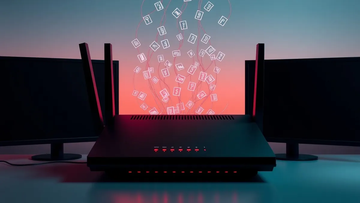 Illustration: A black router sits on a desk with glowing red lights pulsing from its ports.