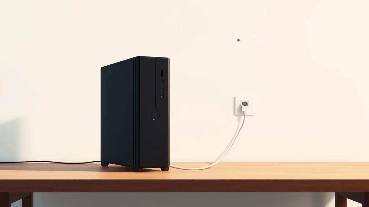 Illustration: A sleek black desktop computer tower sits on a clean wooden desk with its power button glowing blue.