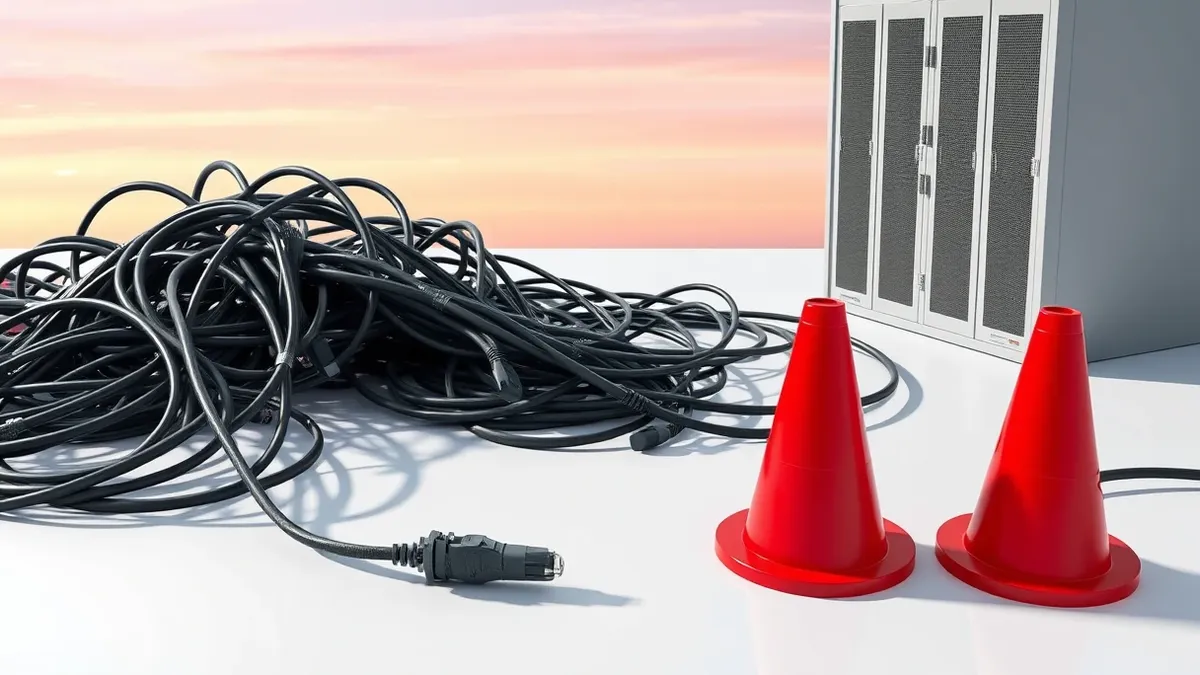 Illustration: A tangled nest of black and grey ethernet cables lies on a sterile white desk, disconnected from a blank grey server chassis.