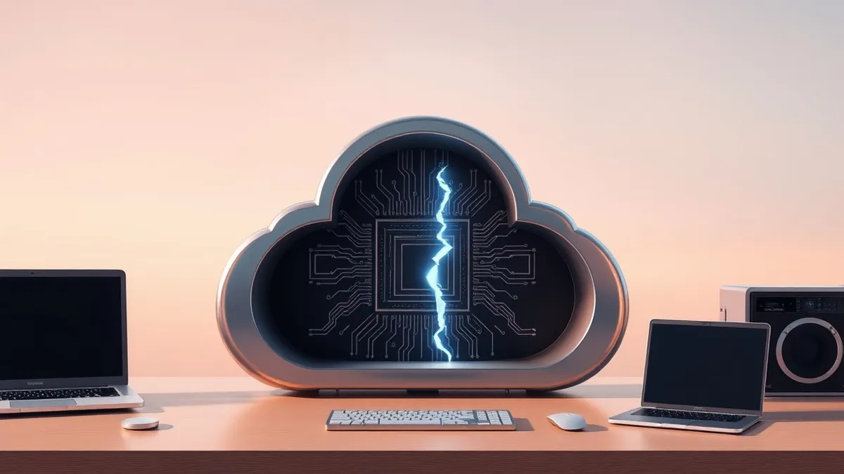 Illustration: A sleek, silver cloud gateway sits open on a desk, its interior circuitry exposed to the air.