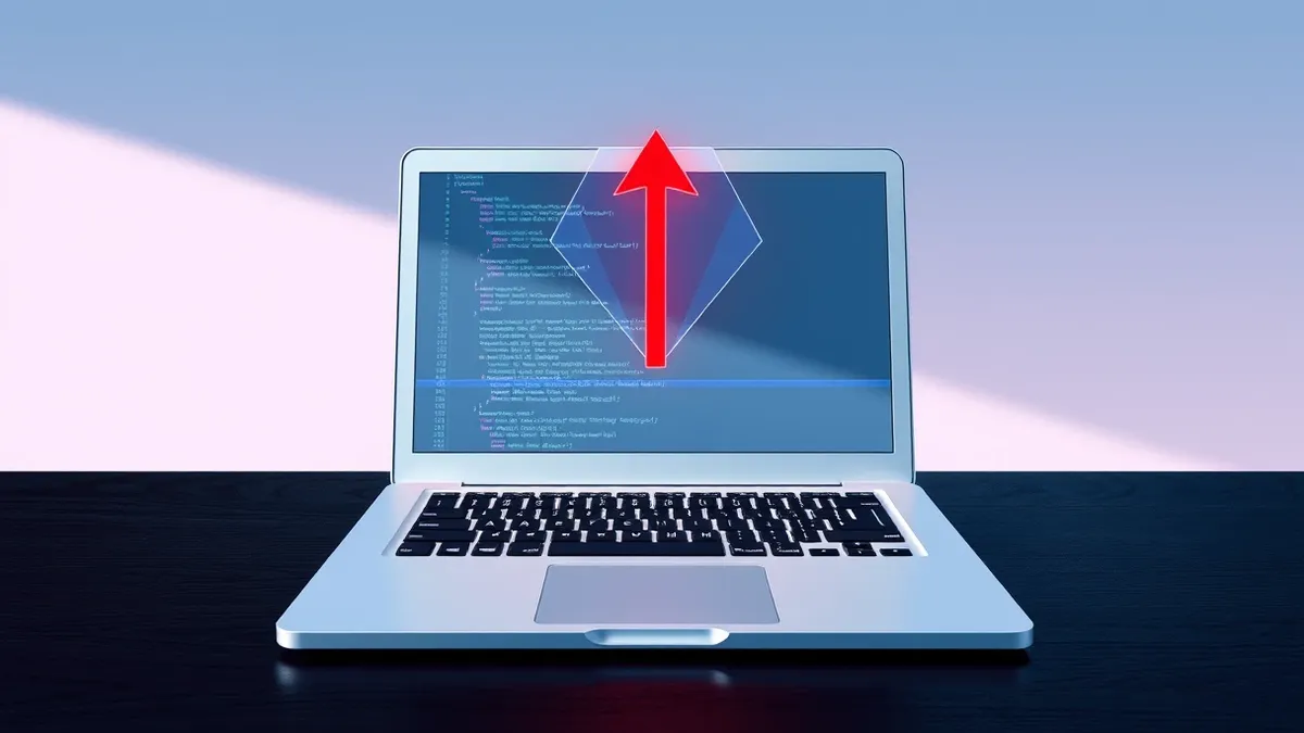 Illustration: A sleek, white laptop sits on a dark wooden desk with its lid open, displaying a blank code editor window with faint, abstract blue syntax highlights.