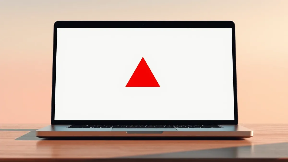 Illustration: A sleek laptop sits open on a wooden desk, its screen displaying a blank code editor interface with a single, large red warning triangle floating in the center of the